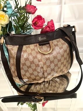 Vintage Authentic Gucci GG Canvas D-Ring Shoulder Bag Brown Y2K
